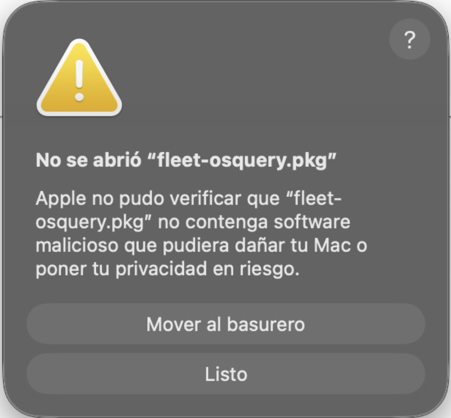 Aviso No se abrió fleet-osquery.pkg, botón Listo