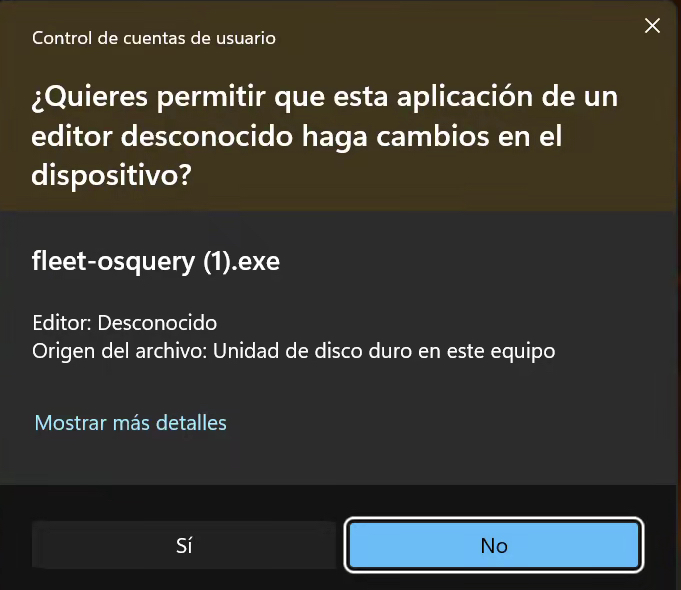 Control de cuentas de usuario, botón Sí